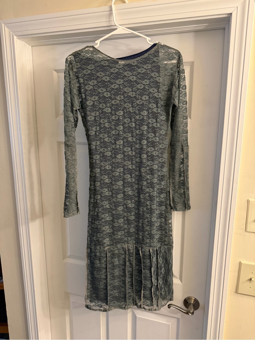 Frock Long Sleeve Lace A-Line Lacey  Dress in Gray L